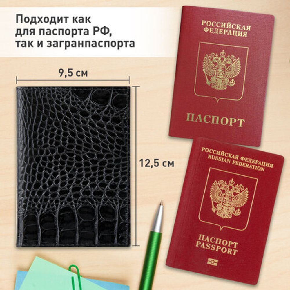 Обложка для автодокументов натуральная кожа кайман, без тиснения, черная, BRAUBERG, 238189