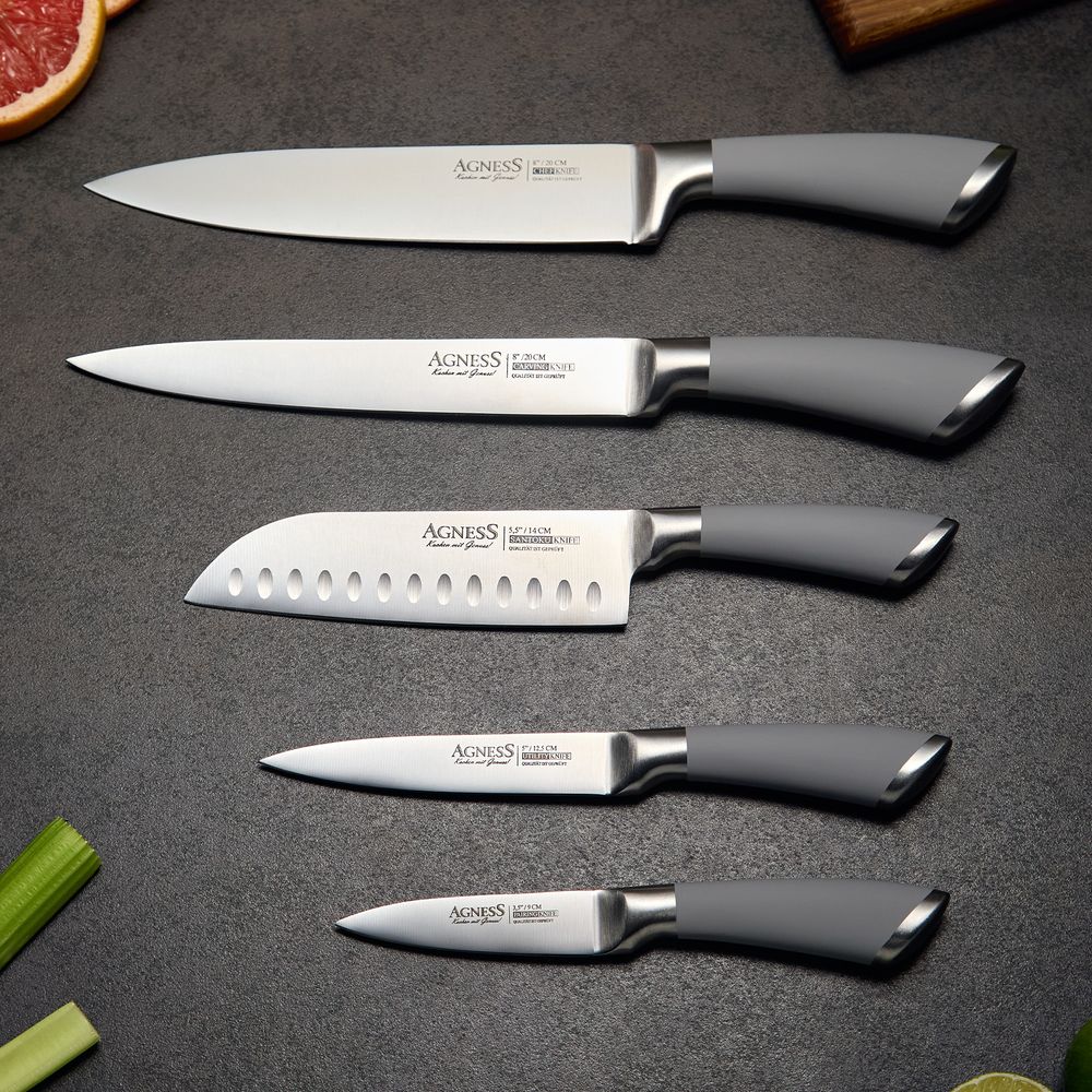 НАБОР НОЖЕЙ AGNESS "МОНБЛАН" 6 ПР.С МАГНИТНЫМ ДЕРЖАТЕЛЕМ И РУЧКОЙ ИЗ НЕРЖ.СТАЛИ