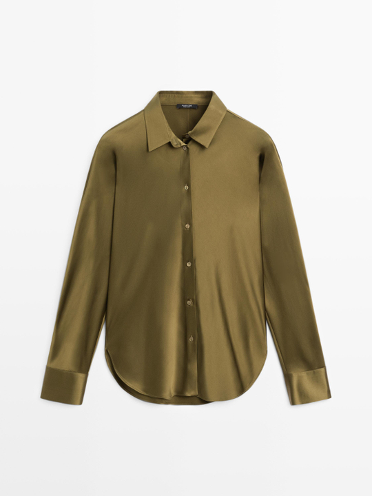 Massimo Dutti Атласная рубашка с рукавами «летучая мышь», зеленый