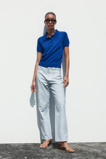 ZARA ТРИКОТАЖНЫЙ ТОП С ВОРОТНИКОМ ПОЛО И КОРОТКИМИ РУКАВАМИ, ЯРКО-СИНИЙ