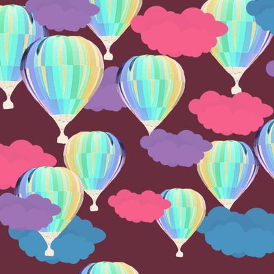 Hot air balloons and colorful clouds maroon background