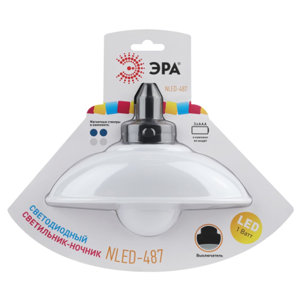 Ночник - светильник светодиодный ЭРА NLED-487-1W-SW-W настенный на батарейках с выключателем белый | Ночники