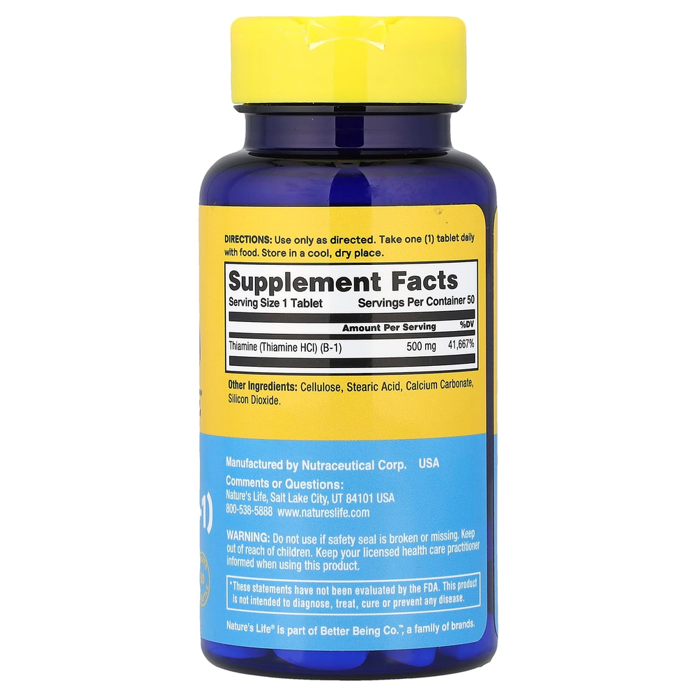 Nature's Life, тиамин для повышения уровня энергии (B1), 500 мг, 50 таблеток
