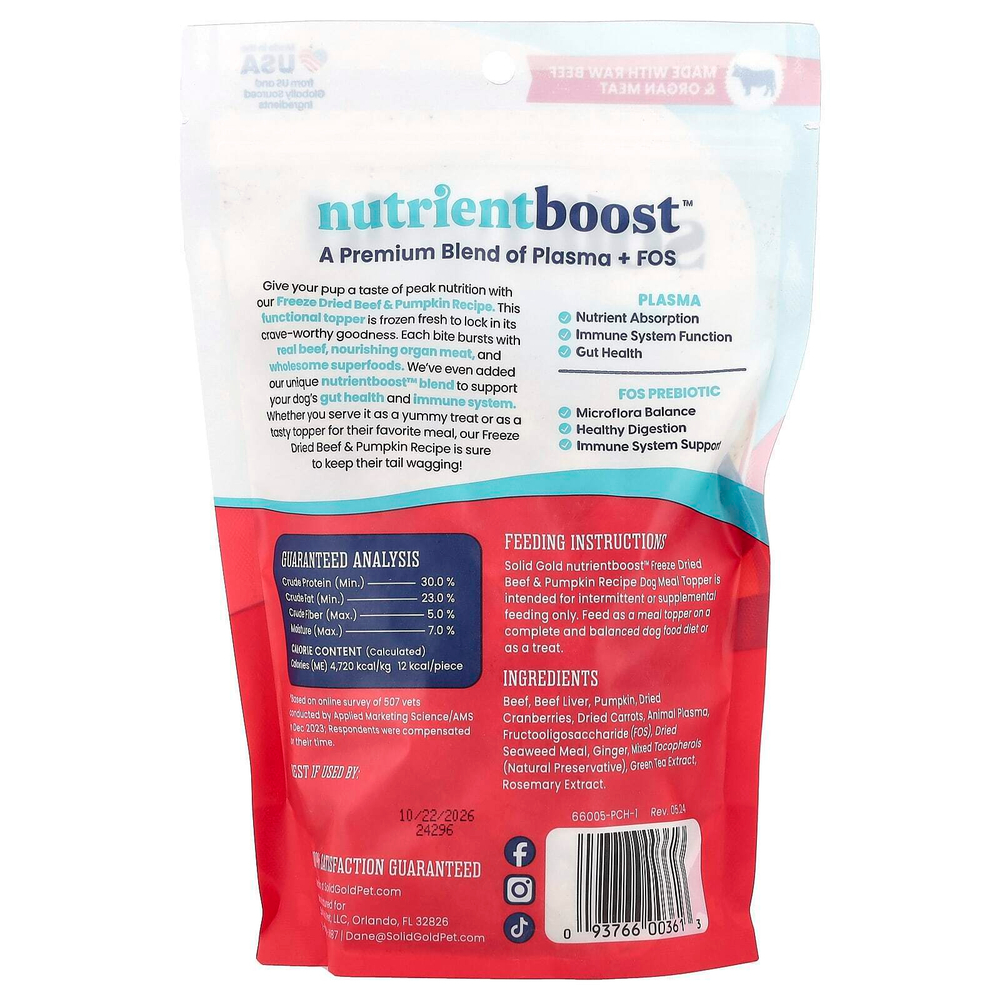 Solid Gold, Freeze Dried Raw Meal Topper, для собак, для всех возрастов, по рецепту из говядины и тыквы, 155 г (5,5 унции)