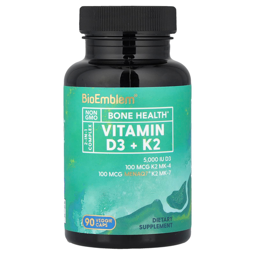 BioEmblem, витамины D3 и К2, 90 растительных капсул