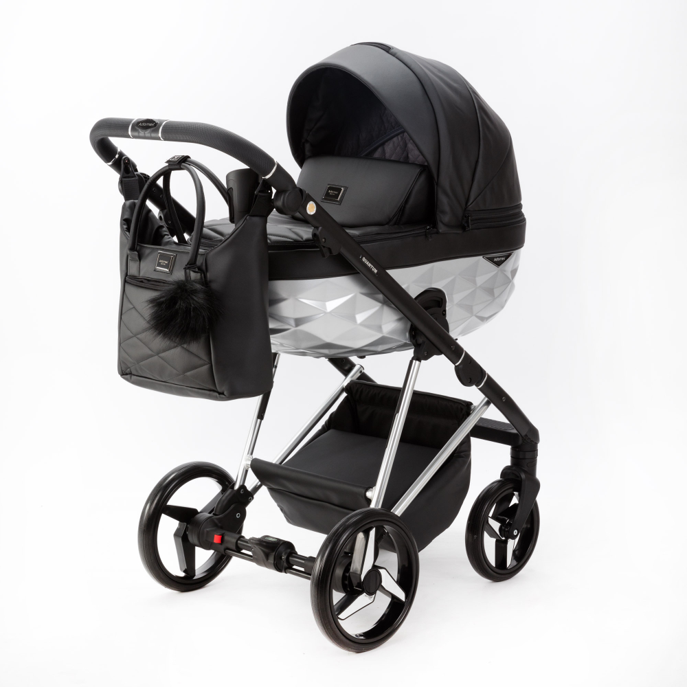 Детская универсальная коляска Adamex Quantum Star Deluxe Q-STAR108 (2в1) Черная экокожа, Хром
