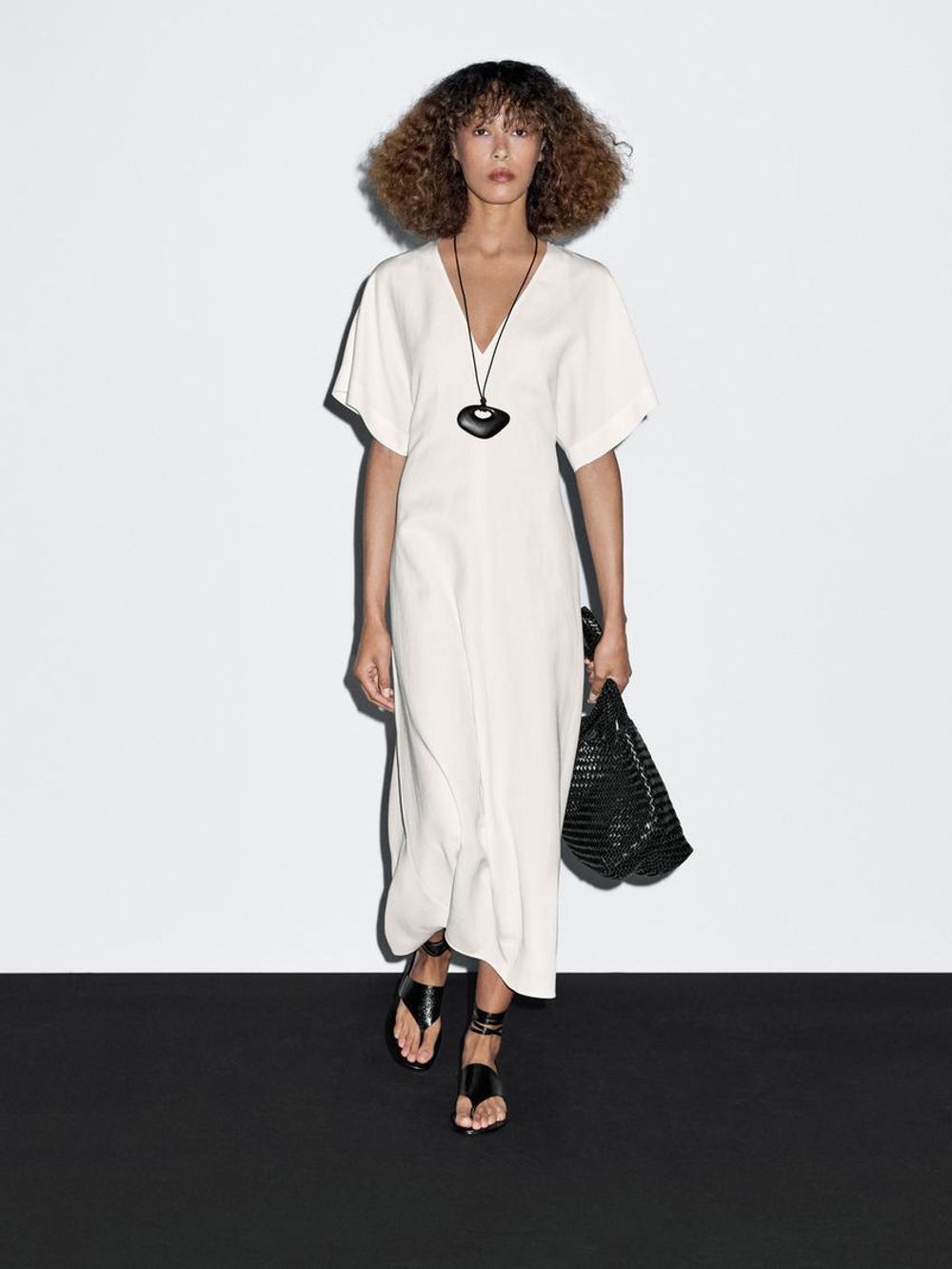 Massimo Dutti Платье миди А-силуэта с V-образным вырезом, натуральный, кремовый