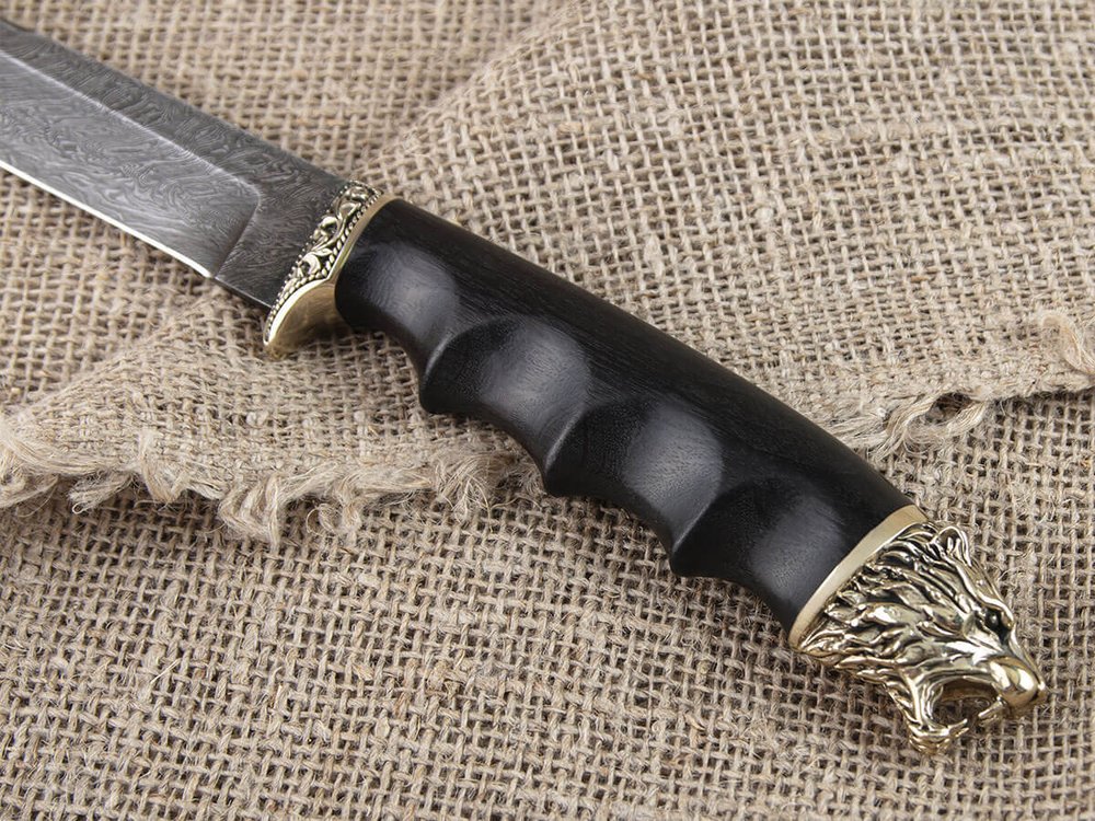 Нож "Тигр малый", дамасская сталь, рукоять черный граб мореный, литье голова зверя