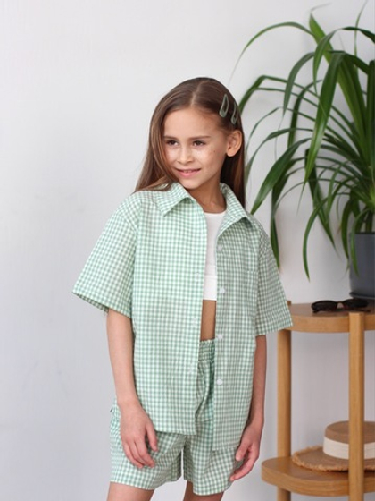 Костюм из варёного хлопка, рубашка и шорты "Зеленая клеточка"