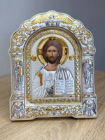 Спаситель, икона арочная с рамкой под стеклом, белое дерево 266х335