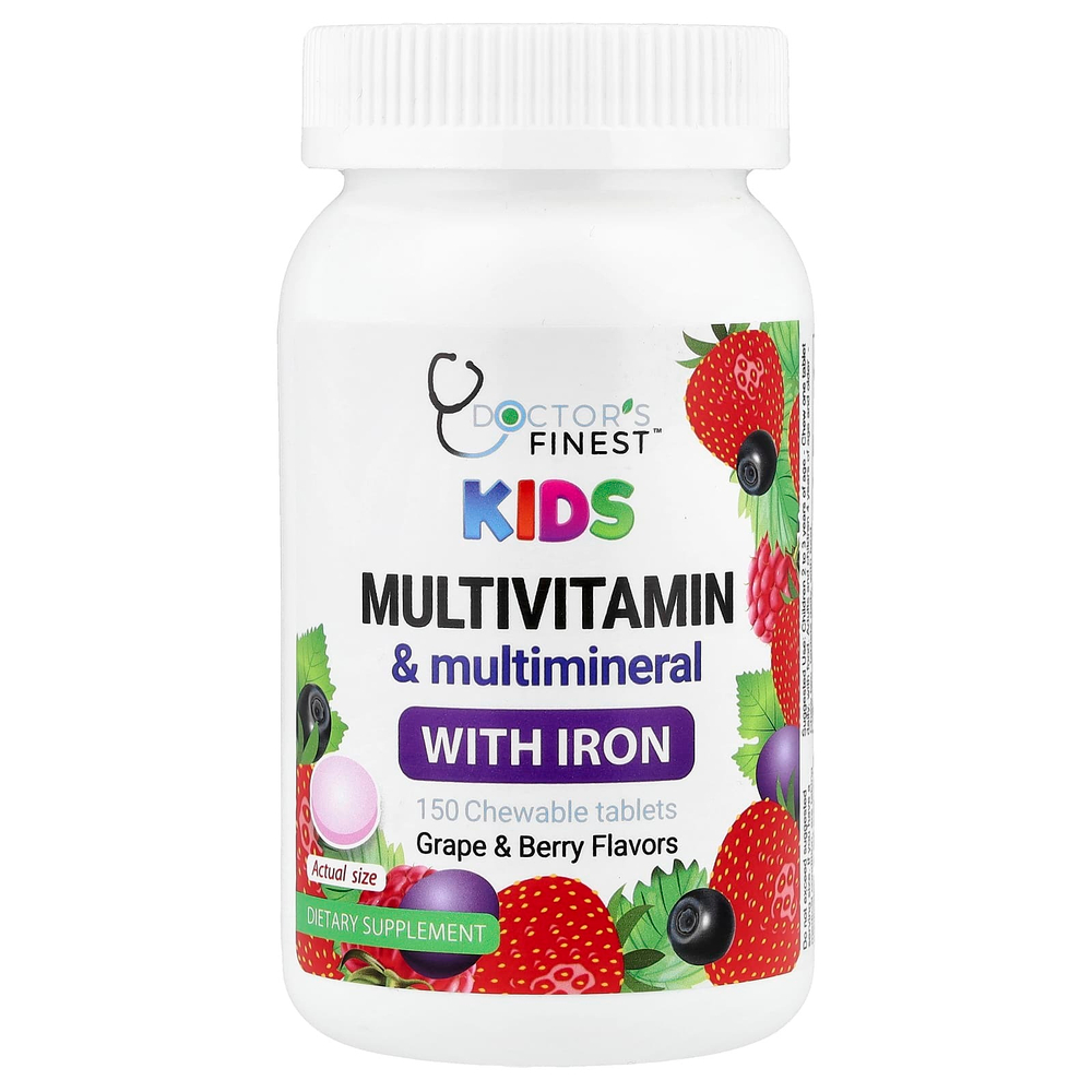 Doctor's Finest, добавка с мультивитаминами и минералами для детей, с железом, со вкусом винограда и ягод, 150 жевательных таблеток