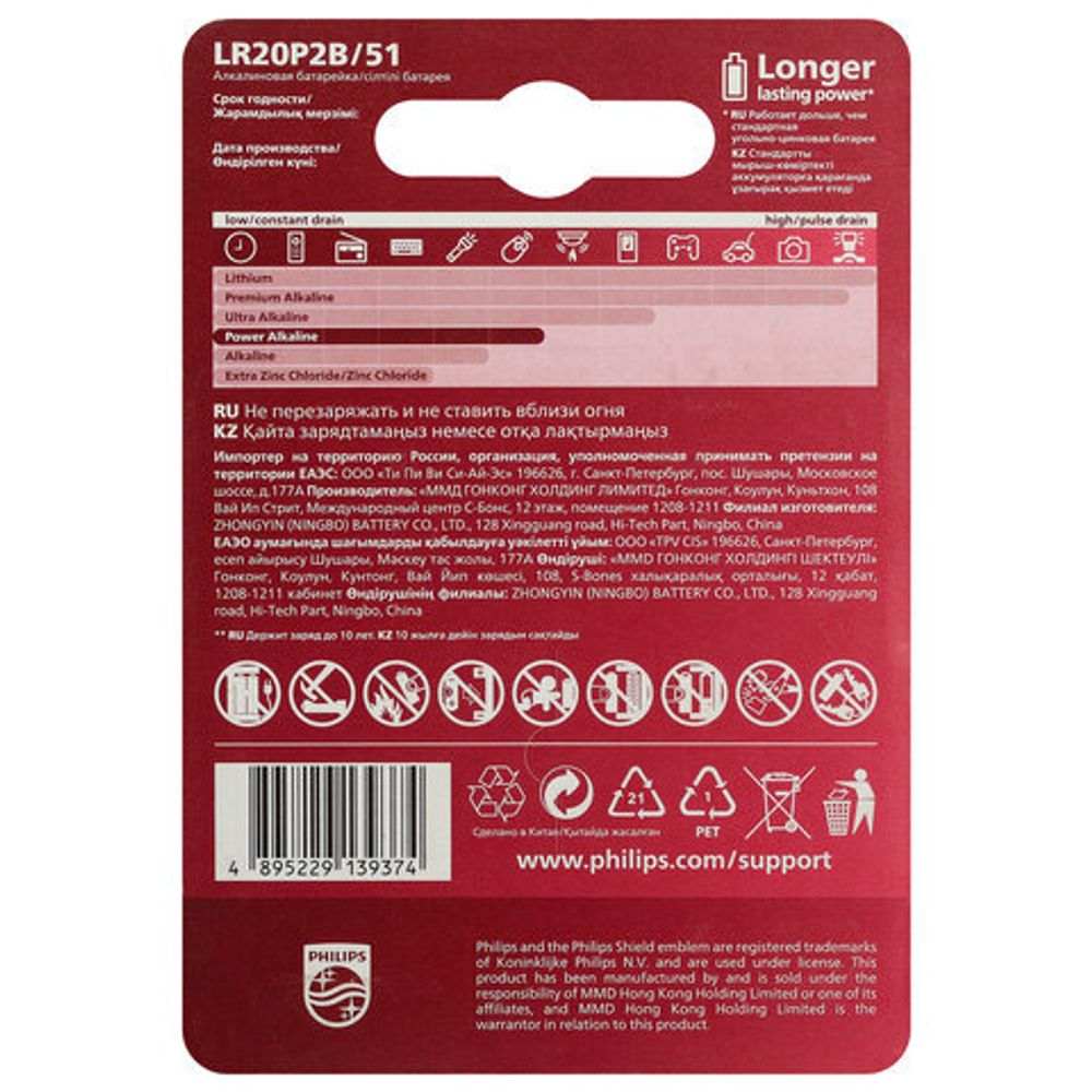 Батарейки алкалиновые КОМПЛЕКТ 2 шт., PHILIPS Power Alkaline, D (LR20, 13А), блистер, Б0062732