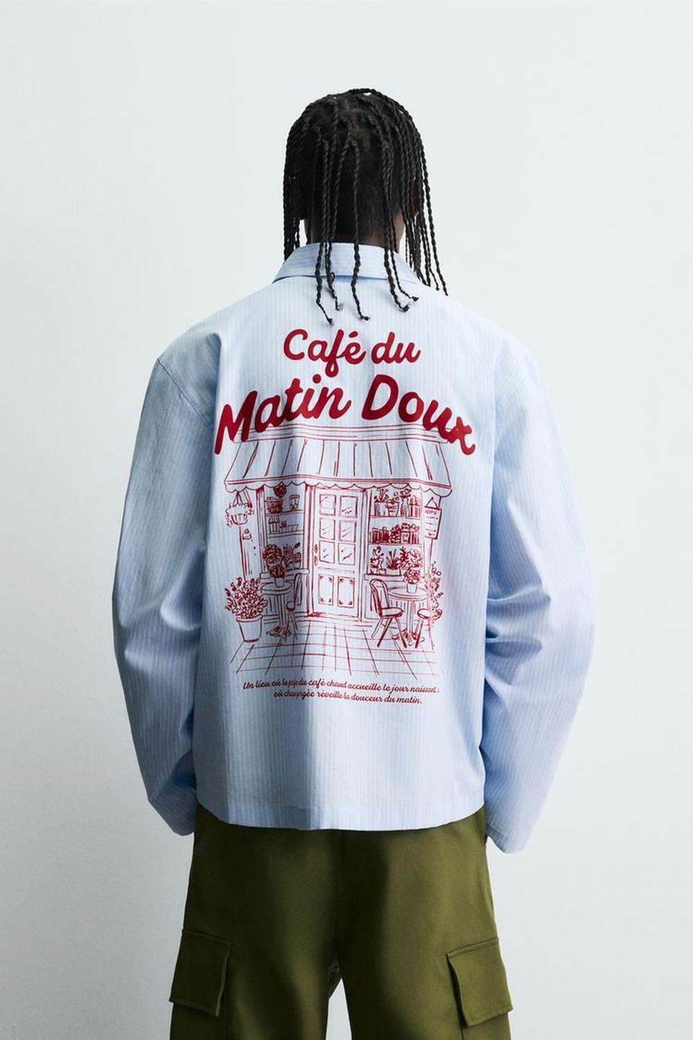 ZARA РУБАШКА В ПОЛОСКУ С ГРАФИЧЕСКИМ ПРИНТОМ, ГОЛУБОЙ