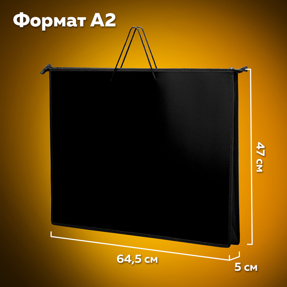 Папка для рисунков и чертежей на молнии с ручками ПИФАГОР А2, 1 отделение, пластик, ручки-шнурок, черная, 270873