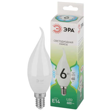Лампа светодиодная ЭРА GREEN LINE LED BXS-6W-840-E14 GL 6Вт свеча на ветру яркий белый свет E14