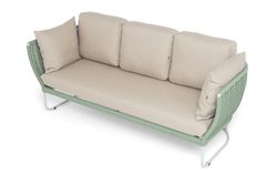 "Фиджи" диван 3-местный плетеный из роупа, каркас алюминий светло-серый (RAL7035) муар, роуп зеленый (4204) круглый tex, ткань Mossle бежевая