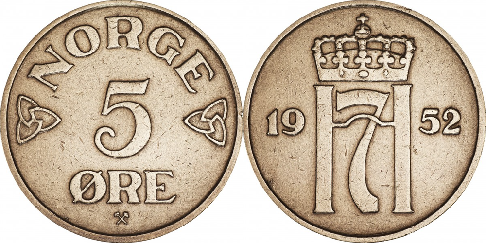 Норвегия 5 эре, 1952 - 1957 Король Хокон VII XF
