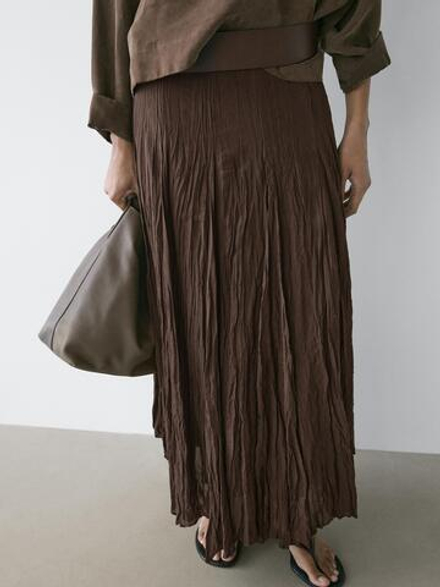 Massimo Dutti Струящаяся юбка-годе миди, шоколадный