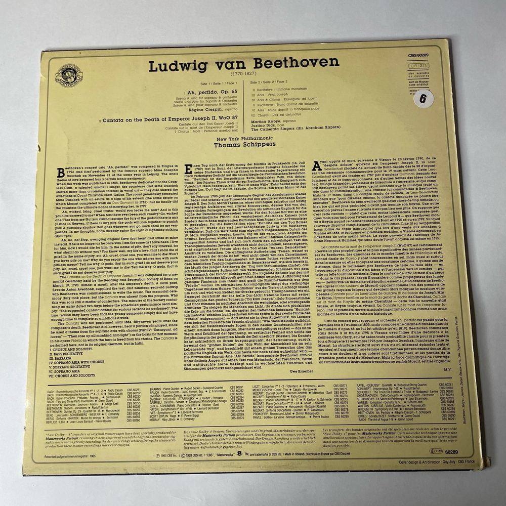 Винтажная виниловая пластинка LP Beethoven Бетховен, Ah Perfido Op 65, Cantana On The Death Of Emperor Joseph 2. Wo O 87 (Нидерланды 1983)