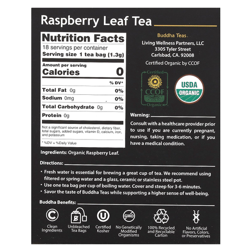 Buddha Teas, Органический травяной чай, листья малины, без кофеина, 18 чайных пакетиков, 24 г (0,83 унции)