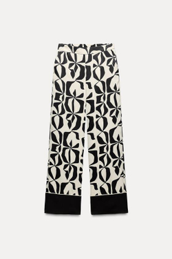 ZARA БРЮКИ ИЗ САТИНА С ПРИНТОМ, ЭКРЮ/ЧЕРНЫЙ