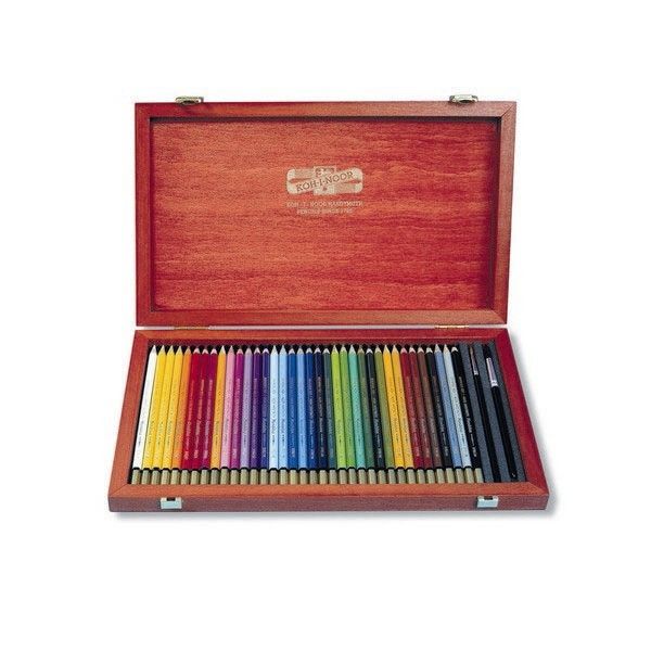 Набор художественных акварельных карандашей MONDELUZ 36 цветов и 2 кисточки в подарочном деревянном ящике
