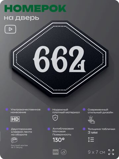 Номерок на дверь квартиры 662, для кабинета, офиса, шильдик 9 х 7 см, черный, Айдентика Технолоджи