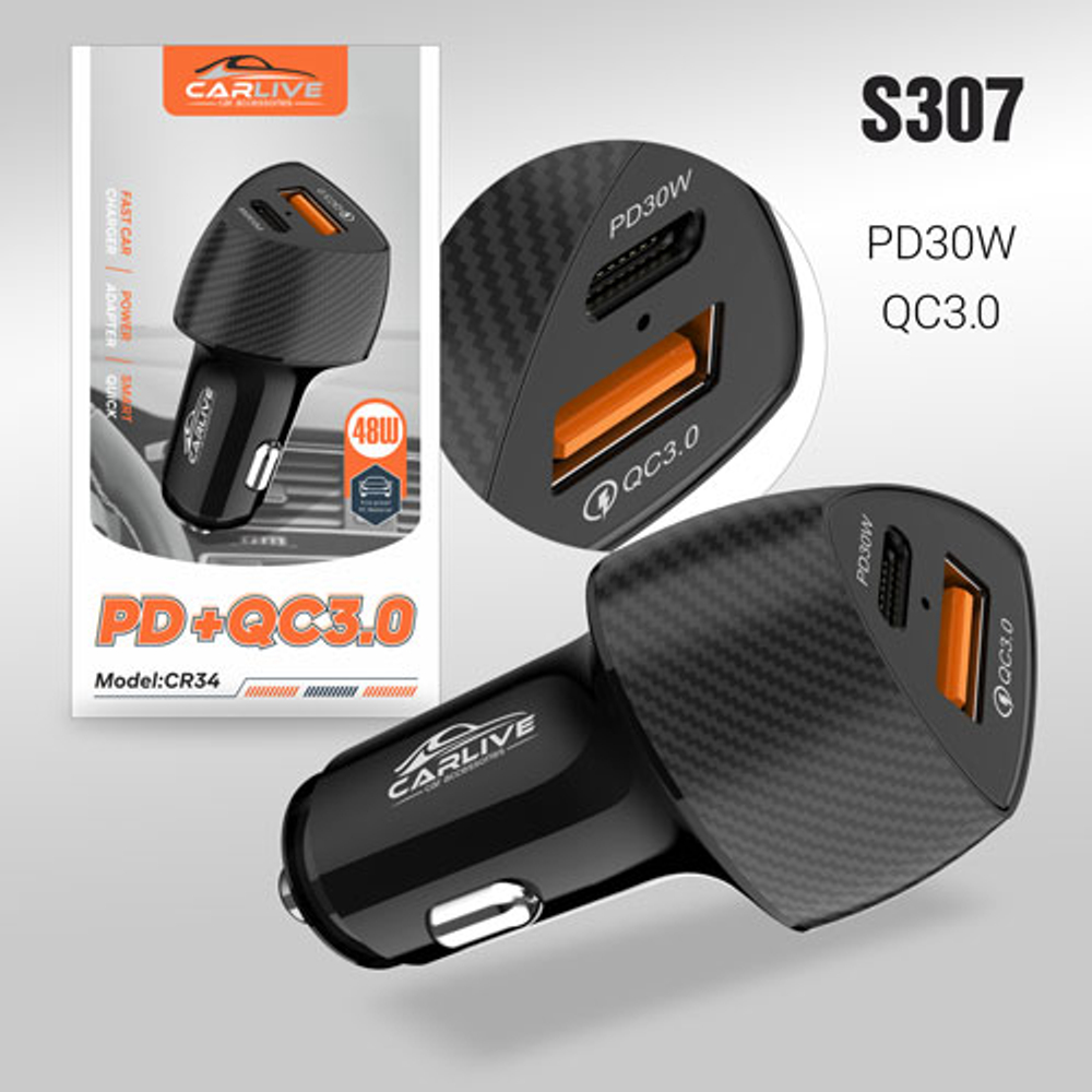 Автомобильный адаптер питания Carlive CR34 QC3.0 + PD30W (черный)