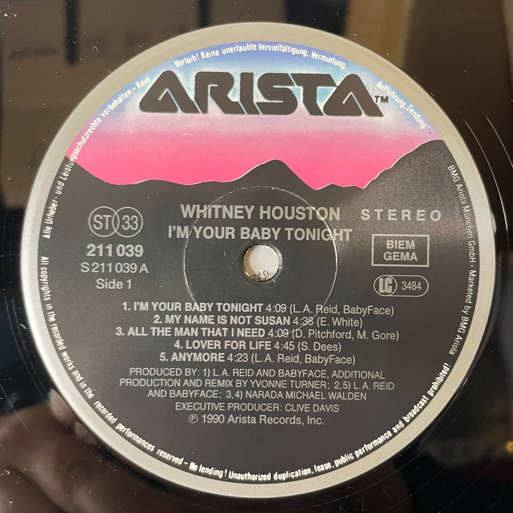 Винтажная виниловая пластинка LP Whitney Houston I'm Your Baby Tonight (Германия 1990)