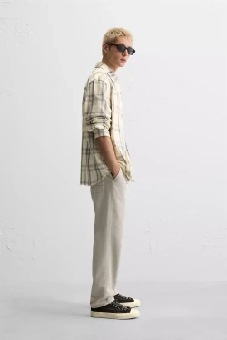 ZARA БРЮКИ ИЗ ХЛОПКА И ЛЬНА, СВЕТЛО-СЕРЫЙ