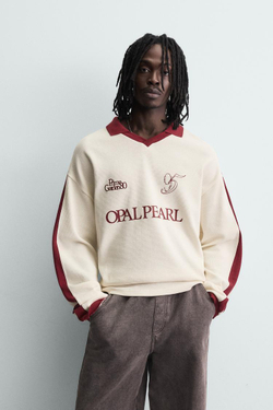 ZARA ПОЛО С ВЫШИВКОЙ В СТИЛЕ РЕТРО, ЖЕЛТОВАТО-БЕЛЫЙ