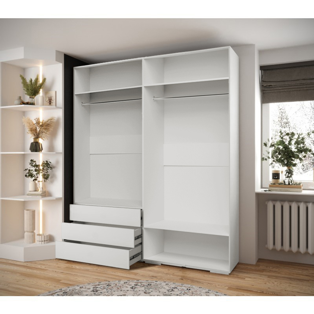 Распашной четырехсекционный шкаф Мори - 8 (с 3 ящиками) Белый Снег 8685 BS  210*60*260