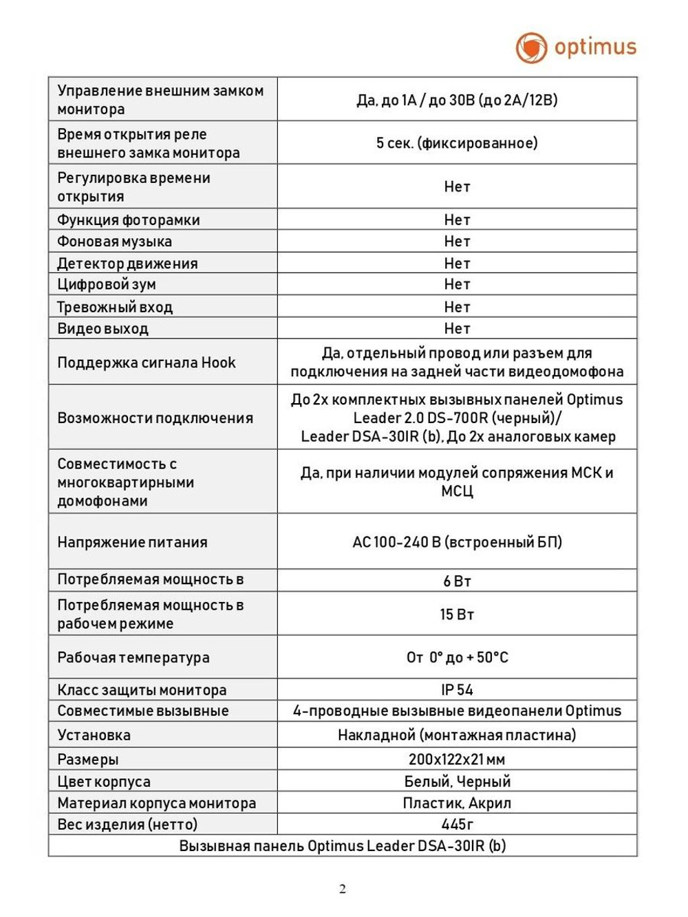 Комплект видеодомофона Optimus Leader IK-27B30IR (w+b)