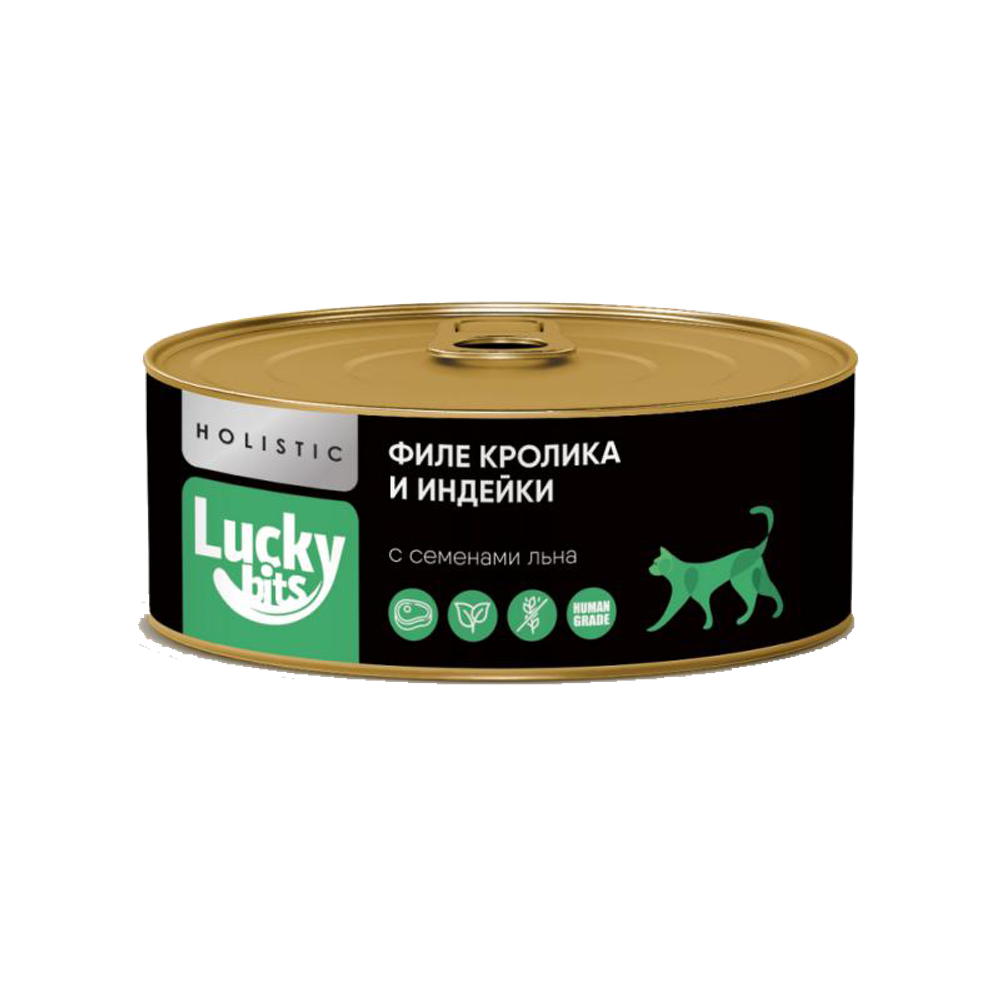 Lucky bits консервы для кошек филе кролика и индейки с семенами льна 100гр.