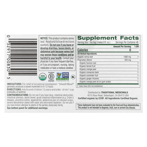 Traditional Medicinals, Organic Smooth Move®, оригинальный с сенной, без кофеина, 48 упакованных чайных пакетиков, 96 г (3,38 унции)