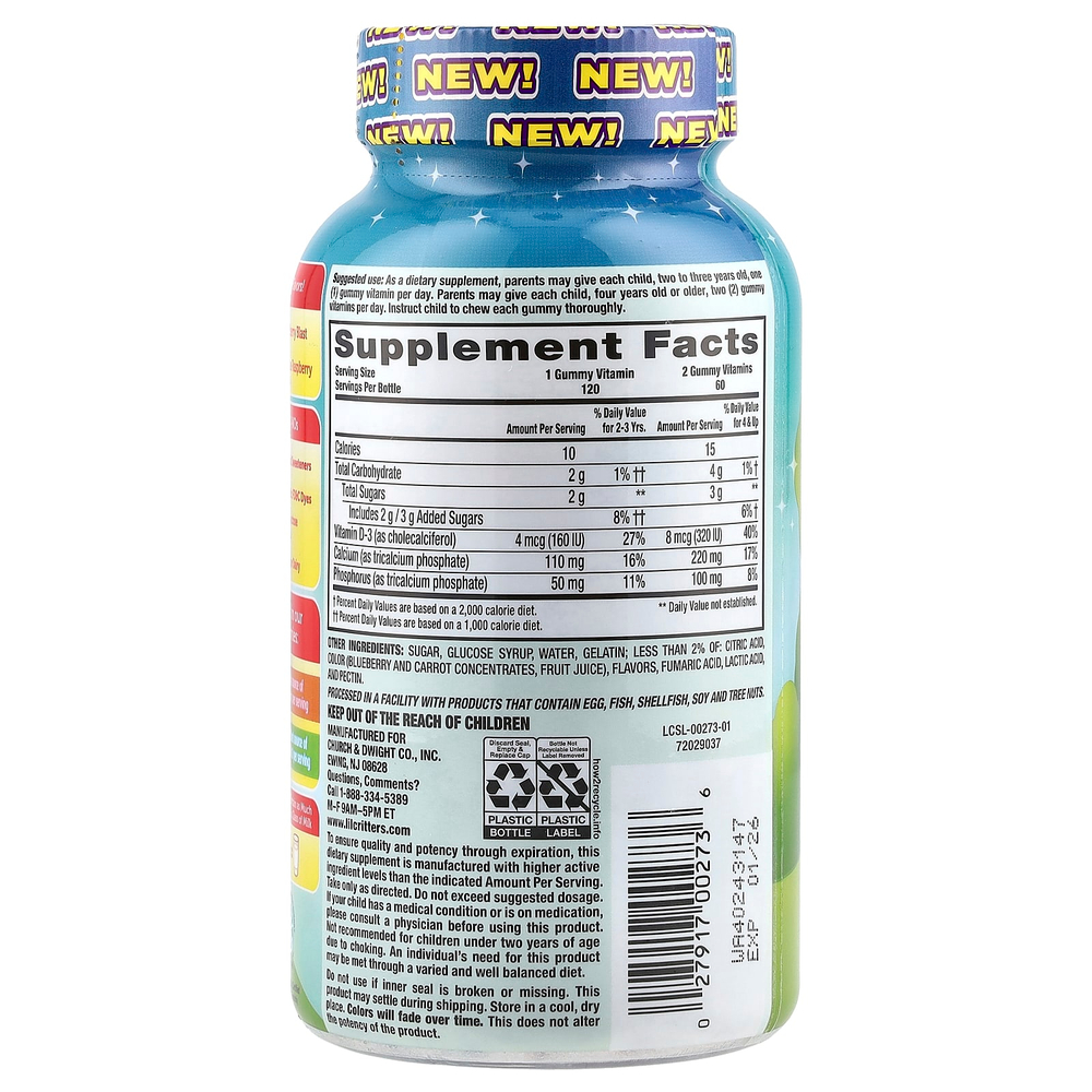 L'il Critters, Mythical Creatures, для поддержки костей, кальций и жевательные таблетки D3, шмель, кислая синяя малина, 120 жевательных таблеток