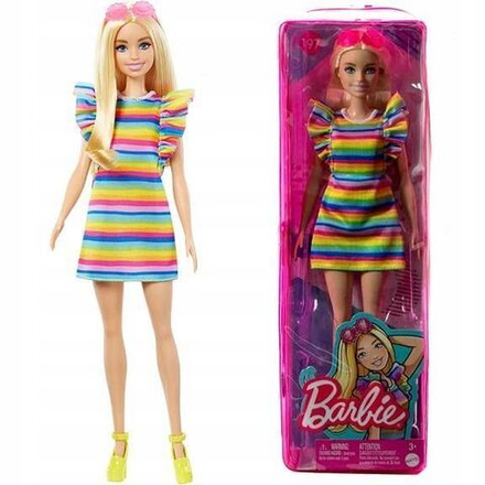 Кукла Barbie Mattel I Fashionistas Барби блондинка с брекетами в полосатом платье HJR96