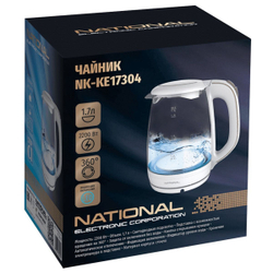 Чайник электрический National, NK-KE17304, 1.8 л, 2200 Вт, ск нагр элем, стекло