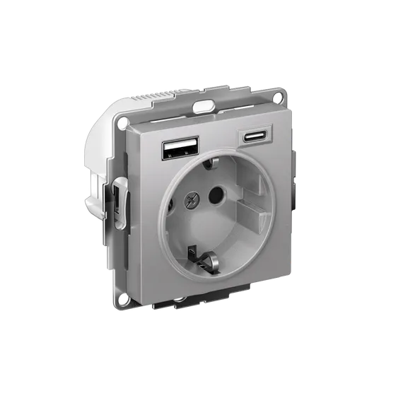 Розетка AtlasDesign 16А с 2-мя заряд. устройствами USB тип A+C 5В/2.4А 2х5В/1.2А механизм алюм. SE ATN000332