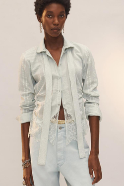 ZARA РУБАШКА С ДЛИННЫМИ РУКАВАМИ И КРУЖЕВОМ - LIMITED EDITION, ЦВЕТ МОРСКОЙ ВОЛНЫ