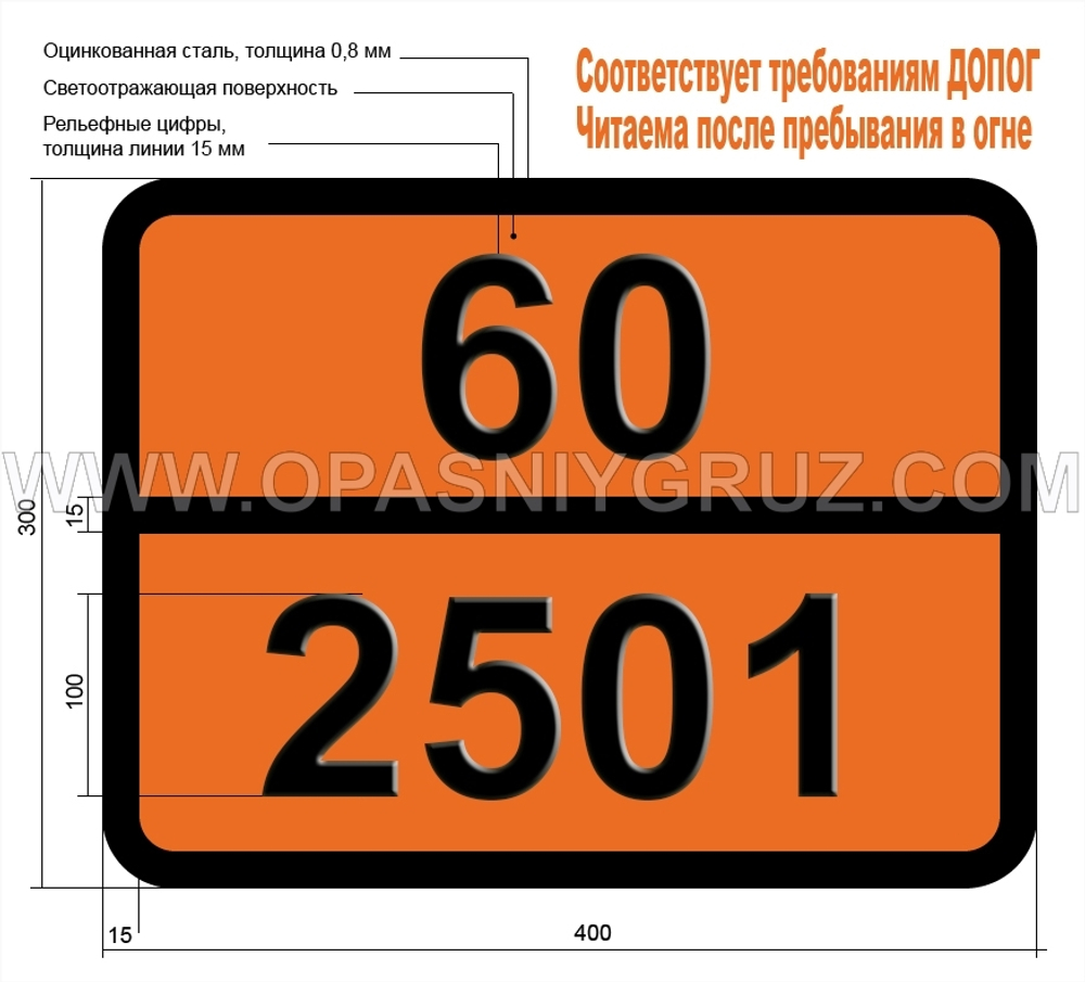 Табличка Опасный груз 60-2501 ТРЕТ(1-АЗИРИДИНИЛ) ФОСФИНОКСИДА РАСТВОР