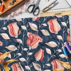 Ткань сатин пастельные бутоны роз на синем фоне