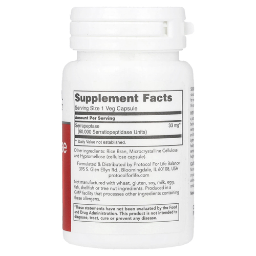 Protocol for Life Balance, Серрапептаза, 33 мг, 60 растительных капсул