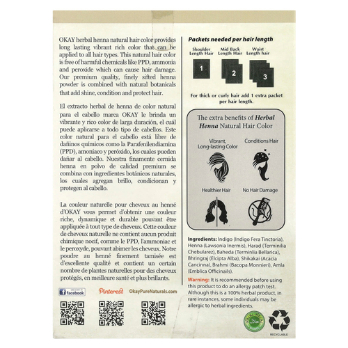 Okay Pure Naturals, травяная краска для волос, хна, черный, 56,7 г (2 унции)