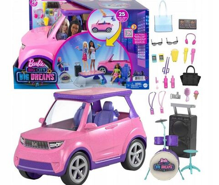 Игрушечный транспорт для куклы Barbie Big City Car - Розовый автомобиль, трансформирующийся в сцену + концертные аксессуары GYJ25