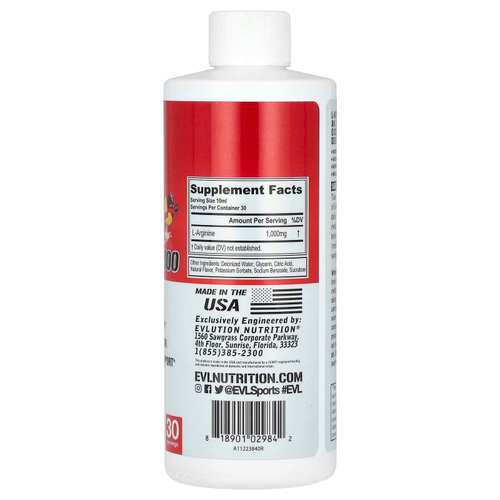 EVLution Nutrition, L-аргинин 1000, фруктовый пунш, 1000 мг, 300 мл (10,14 жидк. Унции)