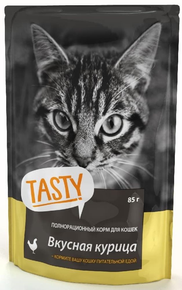 Влажный корм для кошек TASTY с курицей в желе, пауч, 85 г