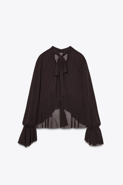 ZARA ТОП С ВОЛАНАМИ И ЗАВЯЗКАМИ, ТЕМНО-КОРИЧНЕВЫЙ