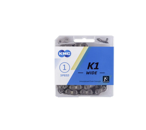 Цепь KMC K1-W для BMX, Dirt, Fixed, 1/2"х1/8", 110 звеньев, пин 9.3мм, с замком, серебристая  (60)