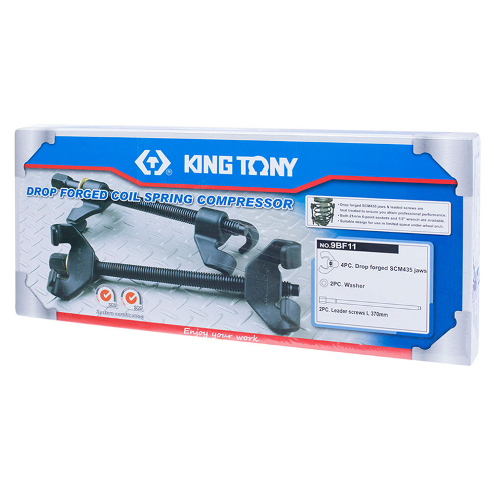 KING TONY (9BF11) Набор для стяжки пружин амортизатора, 85-370 мм, кованые крюки, 6 предметов